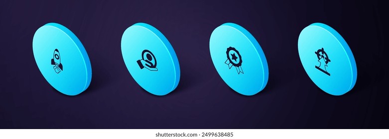Set Isometric Target, Medal, Hand for search people and Rocket ship icon. Vector
