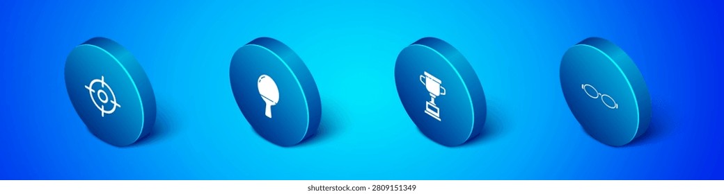 Set Isometric Target sport, Award cup, Glasses for swimming and Racket playing table tennis icon. Vector