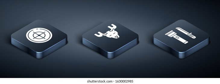 Set Isometric Target sport for shooting competition, Flashlight and knife and Moose head with horns icon. Vector