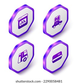 Set Isometric Taxi mobile app, Location taxi car and Credit card icon. Purple hexagon button. Vector