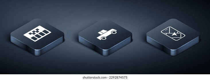 Set Isometric Taximeter, City map navigation and Car icon. Vector