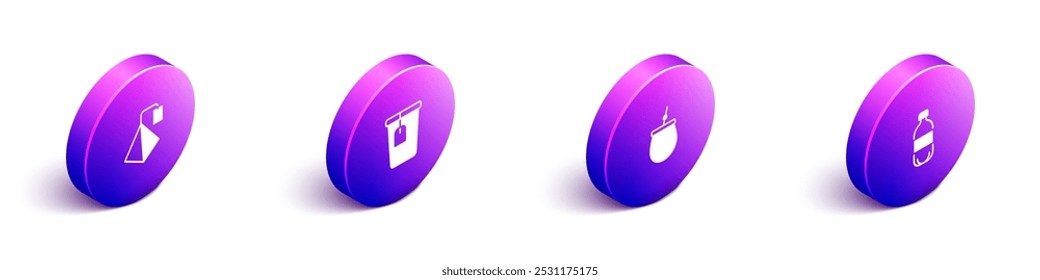 Set Isometric Tea bag, Cup with tea, Mate and Bottle of water icon. Vector