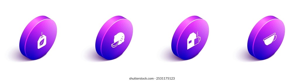 Set Isometric Tea bag with leaf, Lemon, Cup of tea milk and  icon. Vector