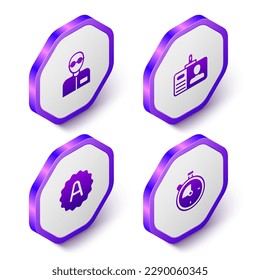 Set Isometric Teacher, Identification badge, Exam sheet with A plus grade and Stopwatch icon. Purple hexagon button. Vector