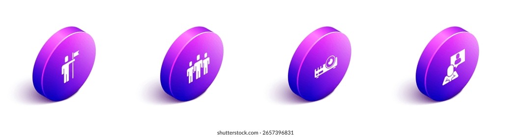 Establecer líder de equipo isométrico, grupo de usuarios, proyector de medios e icono de caza de cabezas. Vector