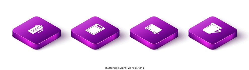 Set Isometric Teapot, Cutting board, Toaster and Coffee cup icon. Vector