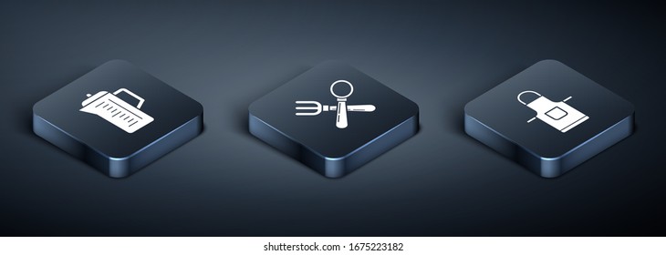 Set Isometric Teapot , Kitchen apron  and Crossed fork and spoon  icon. Vector