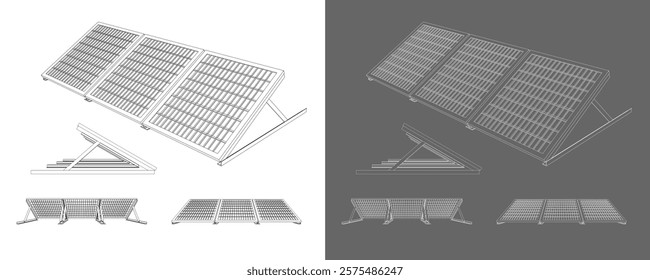 Set Isometric Technical Blueprint Illustration of Solar Panel Array and Structure isolated on white background