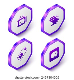 Set Isometric Tee plug electric, Electric glove, Battery charge and Electrical outlet icon. Purple hexagon button. Vector