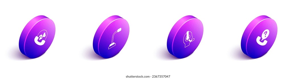 Ajuste el soporte de teléfono isométrico las 24 horas, Micrófono, Hombre con auriculares y un icono. Vector