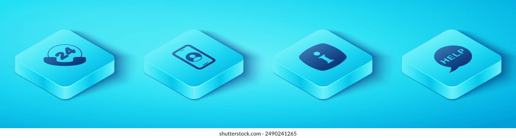 Stellen Sie Isometrisches Telefon 24 Stunden Support, , Sprechblase mit Texthilfe und Informationssymbol ein. Vektorgrafik