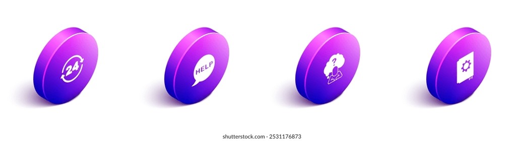 Set Isometric Telephone 24 hours support, Speech bubble with text Help, Head question mark and User manual icon. Vector