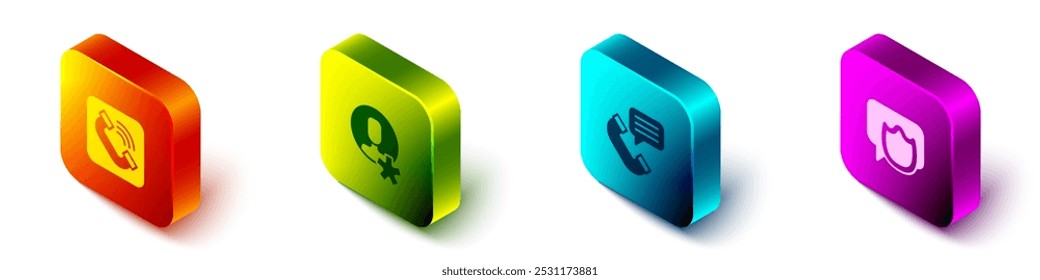 Set Isometric Telephone handset, Elected employee, conversation and Speech bubble chat icon. Vector