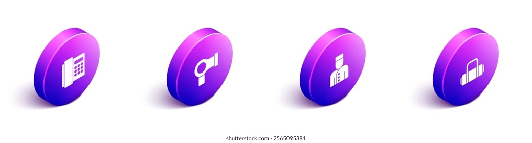 Set Isometric Telephone handset, Hair dryer, Concierge and Suitcase icon. Vector