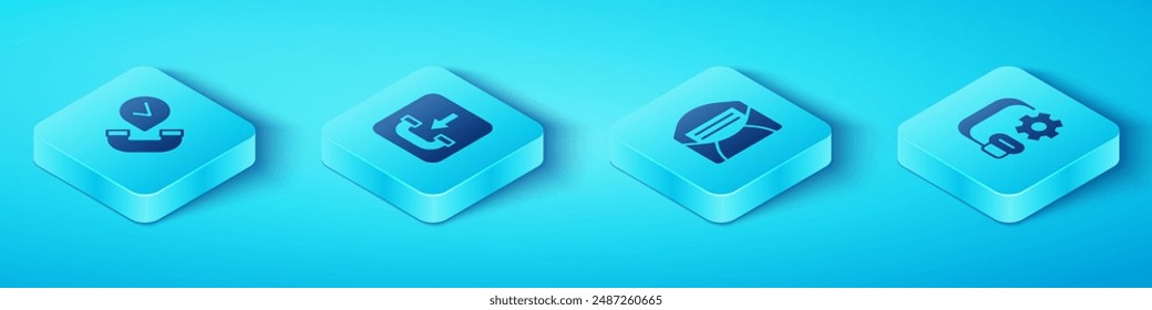 Set Isometric Telephone handset, Incoming call, Headphoneswith settings and Mail e-mail icon. Vector