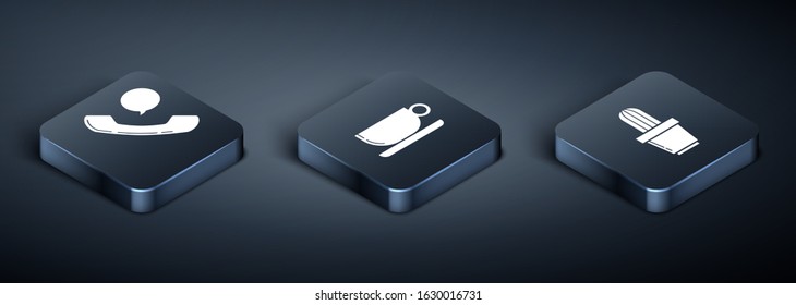 Set Isometric Telephone handset and speech bubble chat, Cactus and succulent in pot and Coffee cup flat icon. Vector