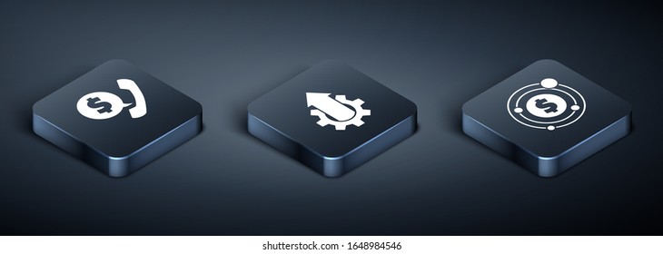 Establezca el chat de teléfonos isométricos y de burbujas de voz, Target con el símbolo del dólar y el icono comercial de los engranajes de crecimiento de flecha. Vector