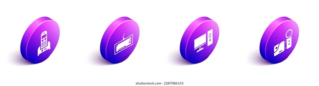 Set Isometric Telephone, Keyboard, Computer monitor and Cinema camera icon. Vector