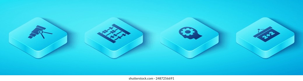 Set Isometric Telescope, Abacus, Chalkboard and Head with gear inside icon. Vector