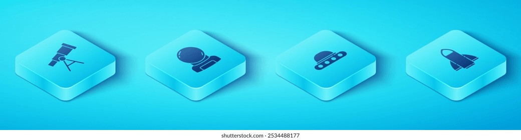 Set Isometric Telescope, Astronaut helmet, Rocket ship and UFO flying spaceship icon. Vector