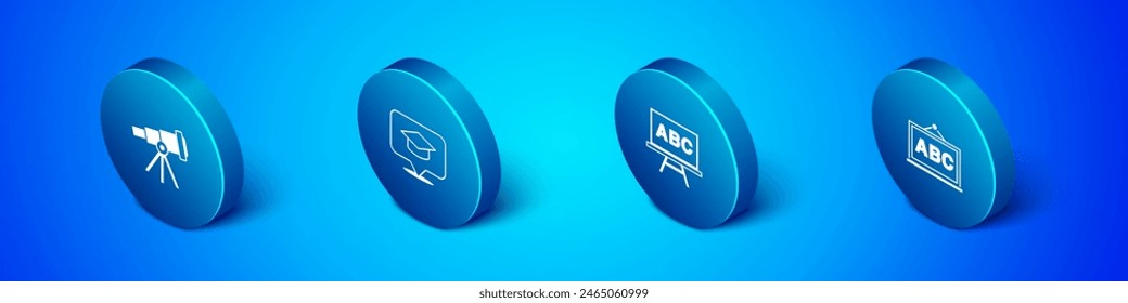 Set Isometric Telescope, Chalkboard,  and Graduation cap in speech bubble icon. Vector