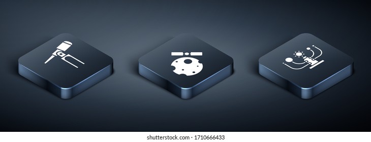 Set Isometric Telescope, Solar system and Satellites orbiting the planet Earth icon. Vector