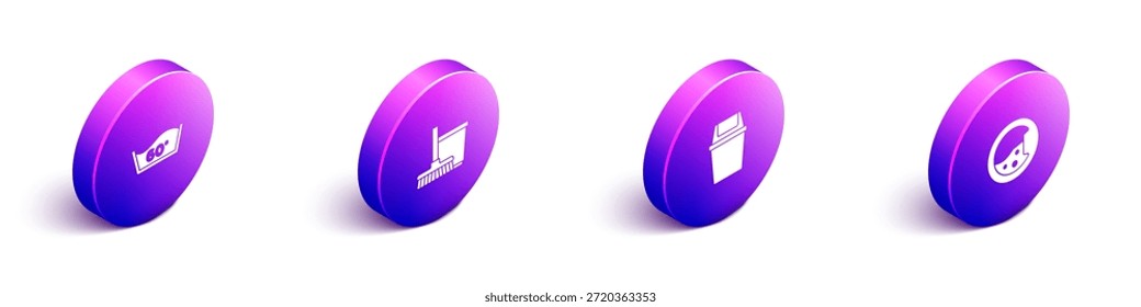 Conjunto de lavado isométrico de temperatura, fregona y cubo, cubo de basura e icono de lavadora. Vector