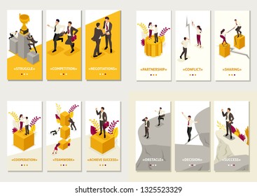 Set Isometric Template app 3D design concept share business, high competition, Business solution, Business risk.