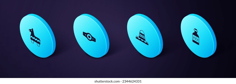 Set Isometric Tequila bottle, Mexican sombrero, Wrestling championship belt and Pinata icon. Vector