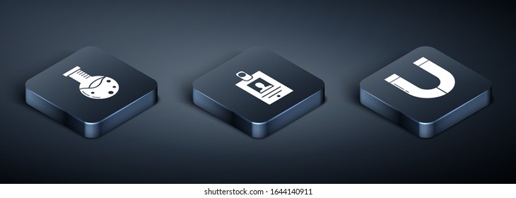 Set Isometric Test tube and flask chemical laboratory, Magnet and Identification badge icon. Vector