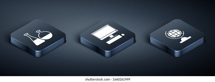 Coloque el tubo de ensayo isométrico y el laboratorio químico de frasco, el globo terrestre y el monitor de ordenador con el icono del teclado y el ratón. Vector