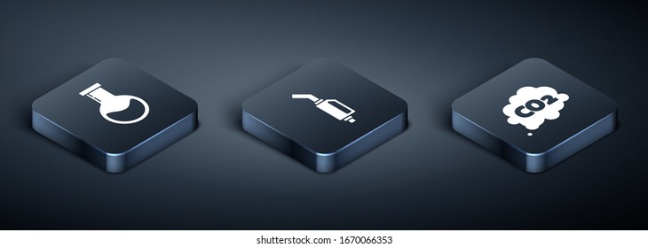 Set Isometric Test tube and flask, CO2 emissions in cloud and Gasoline pump nozzle icon. Vector