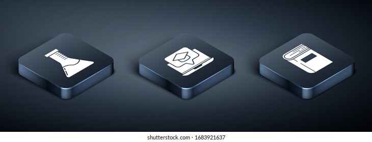 Set Isometric Test tube and flask chemical laboratory, Book and Graduation cap on screen laptop icon. Vector