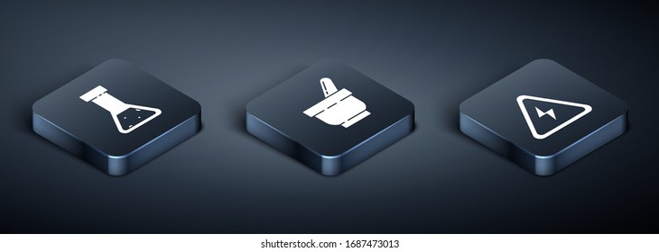 Set Isometric Test tube and flask chemical, High voltage sign and Mortar and pestle icon. Vector