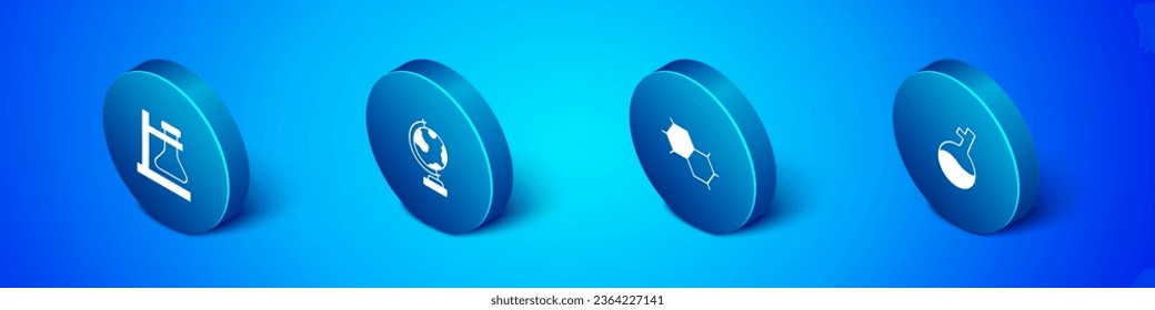 Ajuste el matraz del tubo de ensayo isométrico en el soporte, la fórmula química y el icono del globo terrestre. Vector