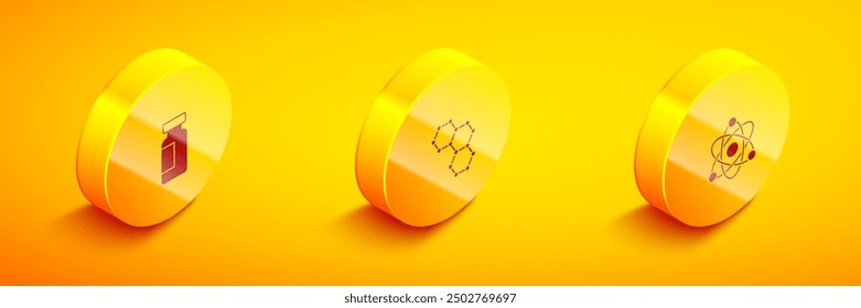 Set Isometric Test tube and flask, Chemical formula and Atom icon. Vector