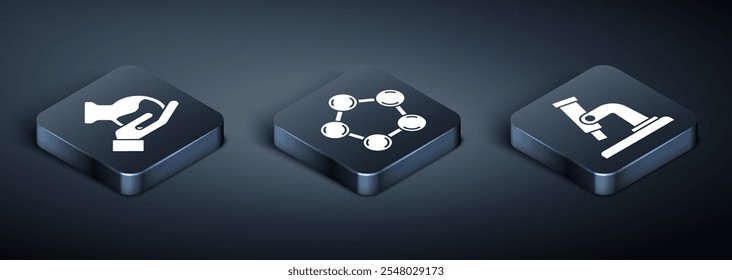 Set Isometric Test tube and flask, Microscope and Molecule icon. Vector