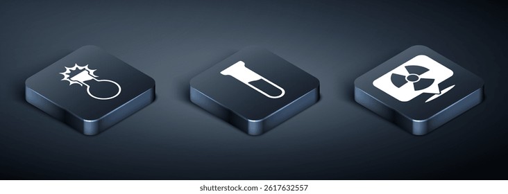 Set Isometric Test tube and flask, Radioactive in location and Test tube and flask icon. Vector