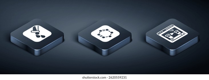 Set Isometric Test tube and flask, Chemical online and Formula of benzene rings icon. Vector