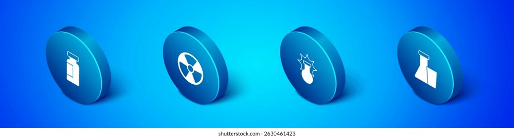 Set Isometric Test tube and flask, Chemical explosion,  and Radioactive icon. Vector