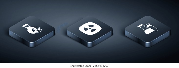 Set Isometric Test tube with toxic liquid,  and Radioactive icon. Vector