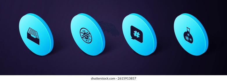 Set Isometric Test tube with virus, Hashtag speech bubble, Stop bacteria and Drawer documents icon. Vector