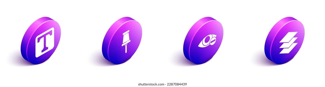 Establece el texto isométrico, el pasador de inserción, el efecto de ojo rojo y el icono Capas. Vector