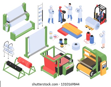 Conjunto de imágenes aisladas de fabricación textil isométrica con instalaciones de almacenamiento de maquinaria industrial y personajes de personal Ilustración vectorial