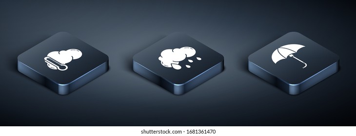 Set Isometric Thermometer and cloud, Classic elegant opened umbrella and Cloud with rain icon. Vector