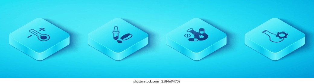 Set Isometric Thermometer, Pipette, Test tube and Medicine pill icon. Vector