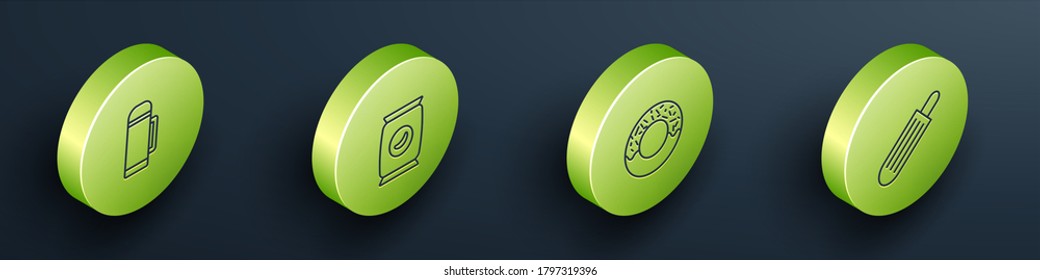 Set Isometric Thermos container, Bag or packet potato chips, Donut and French hot dog icon. Vector