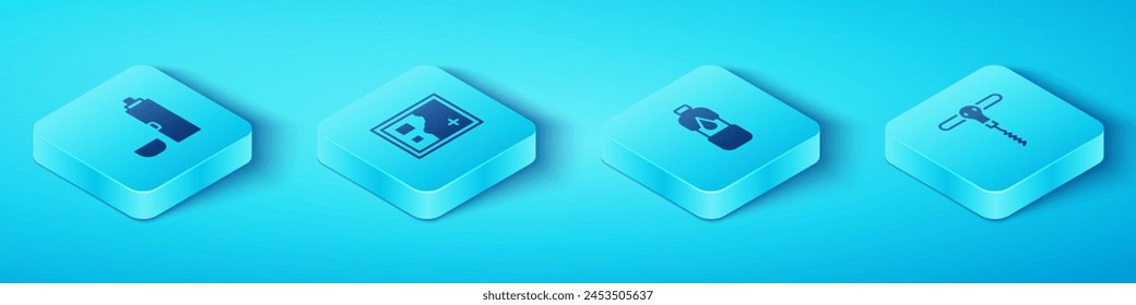 Set Isometric Thermos container, Folded map, Wine corkscrew and Bottle of water icon. Vector
