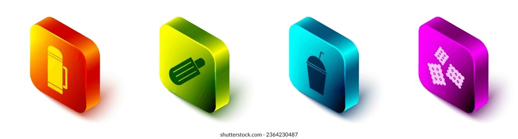 Set Isometric Thermos container, French hot dog, Milkshake and Cracker biscuit icon. Vector