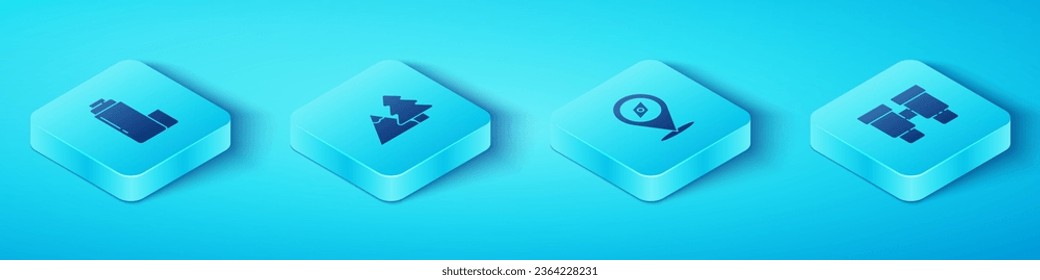 Set Isometric Thermos container, Mountains with tree, Binoculars and Compass icon. Vector